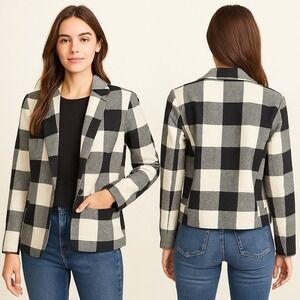 Jack Women's Plaid Blazer‎ Jacket Black White Buffalo Check Open Front Pockets M